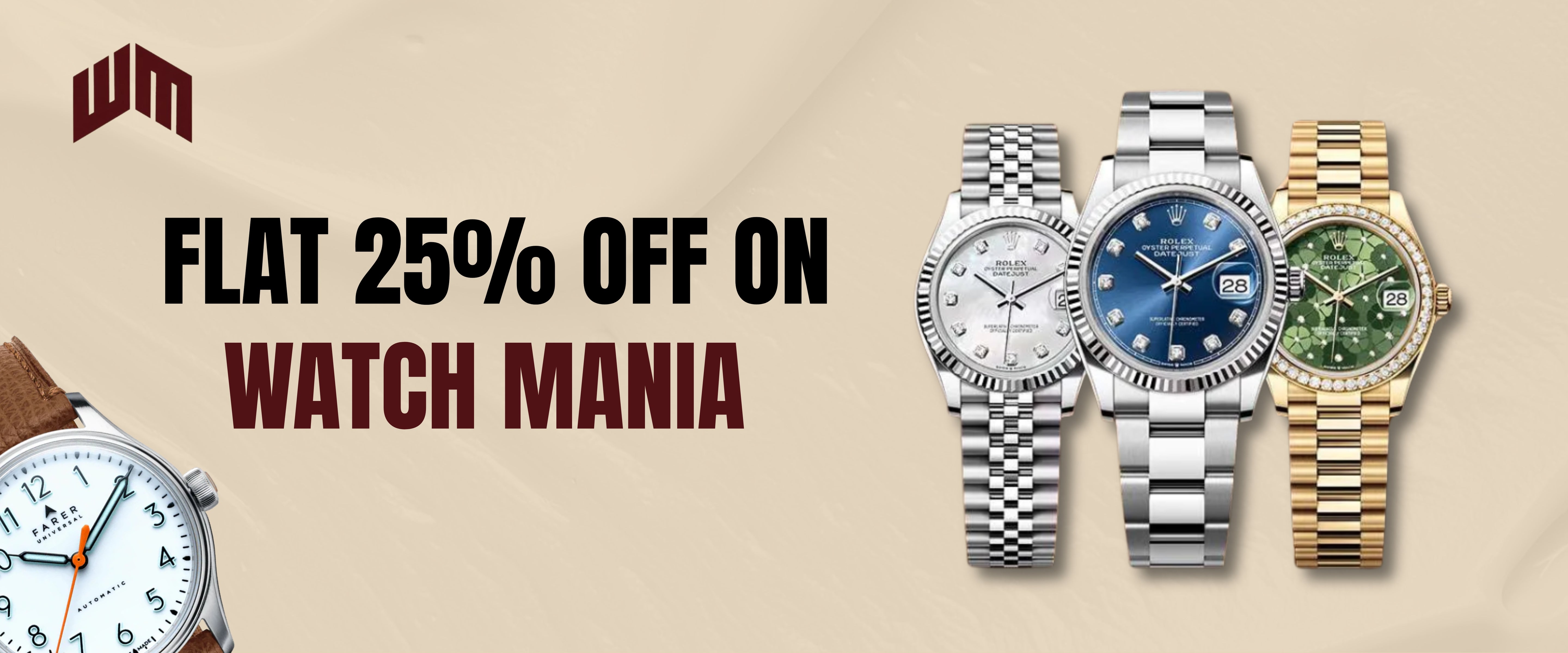 Promotional banner for 'Watch Mania' with watches displayed and a discount offer on a beige background.