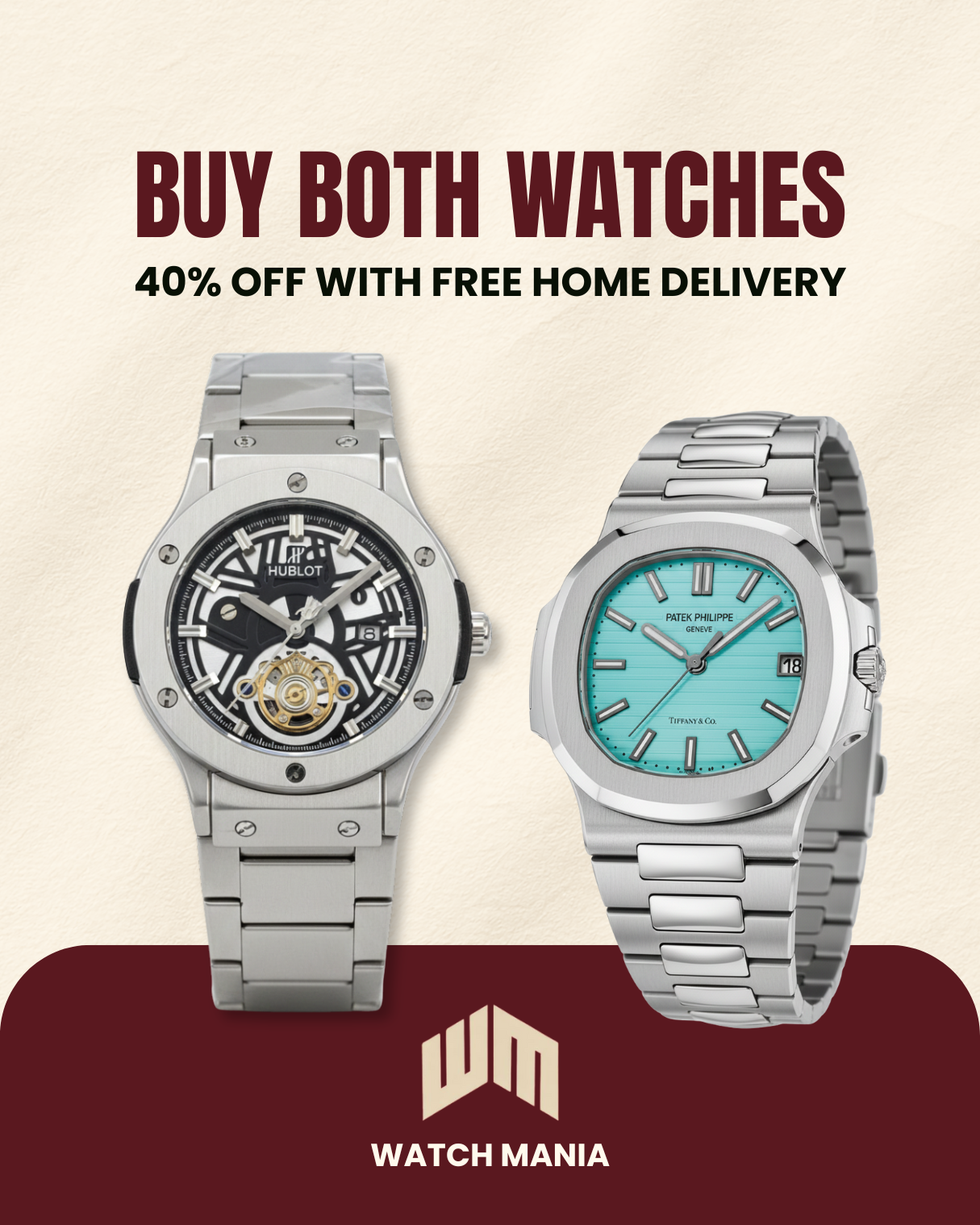 Two watches with promotional text and Watch Mania logo on a beige background