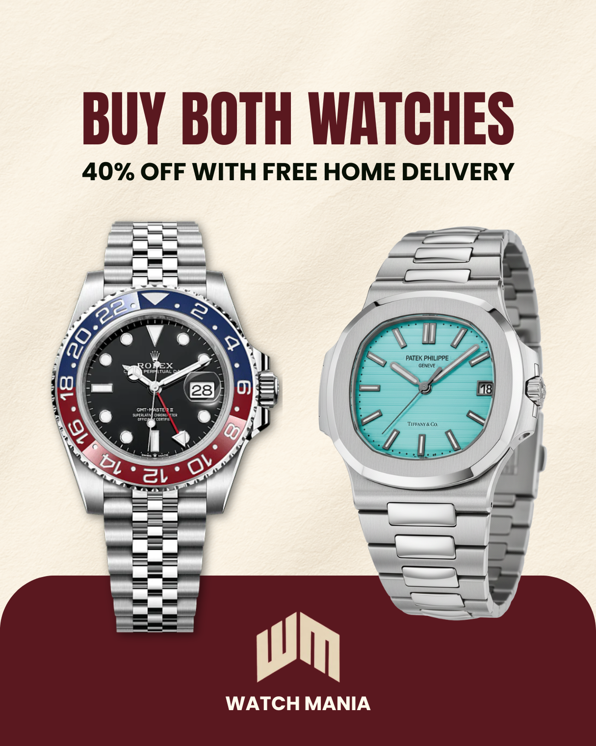 Two watches displayed with promotional text and Watch Mania logo on a beige background