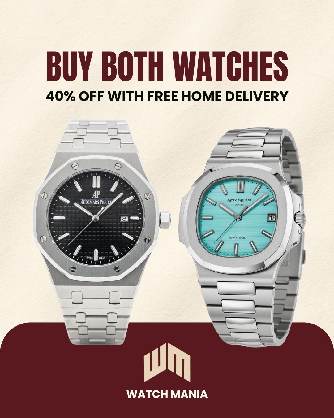 Two watches with promotional text and Watch Mania logo on a beige background