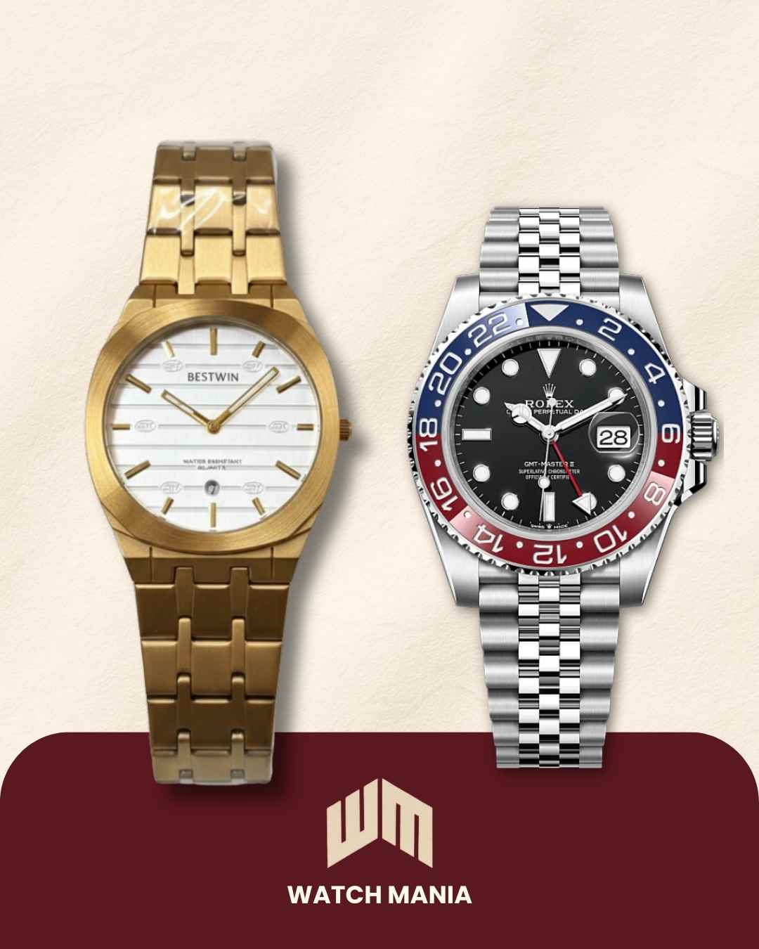 Two watches, one gold and one silver with red and blue accents, on a beige background with Watch Mania logo.