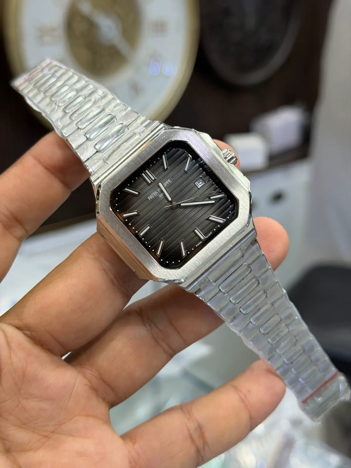 Patek Men's Luxury Square Dial Steel Watch – Textured Dial, Octagonal Bezel & Date Display