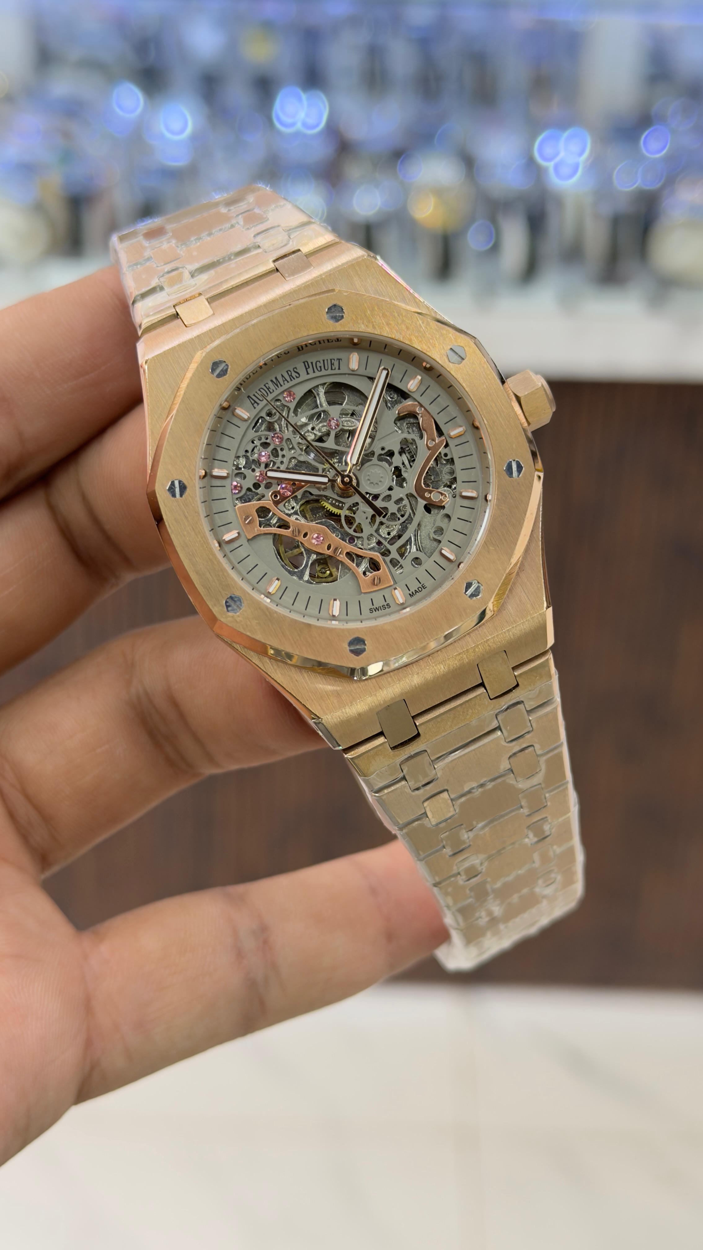 Premium Rose Gold Skeleton Royal Oak Style Watch – 904L Grade