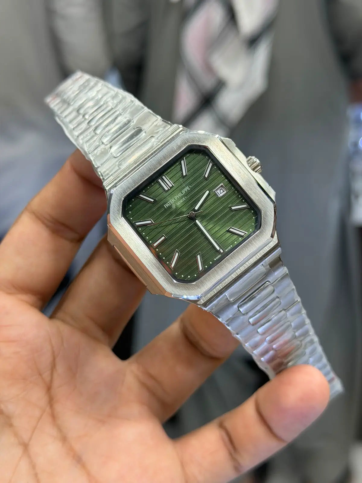 Patek Men's Luxury Square Dial Steel Watch – Textured Dial, Octagonal Bezel & Date Display