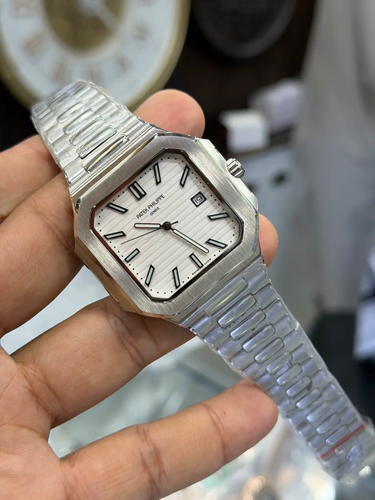 Patek Men's Luxury Square Dial Steel Watch – Textured Dial, Octagonal Bezel & Date Display