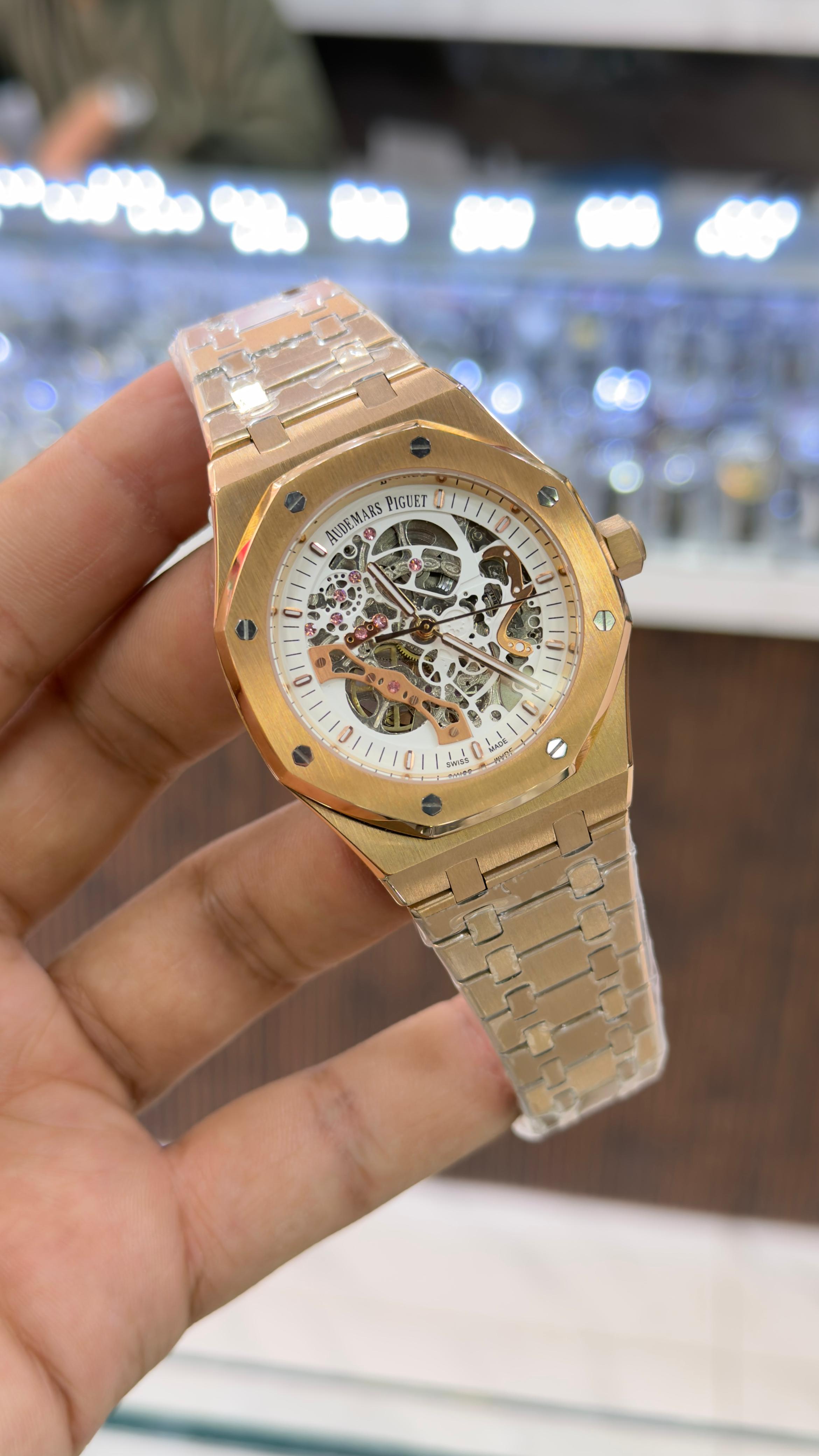 Premium Rose Gold Skeleton Royal Oak Style Watch – 904L Grade