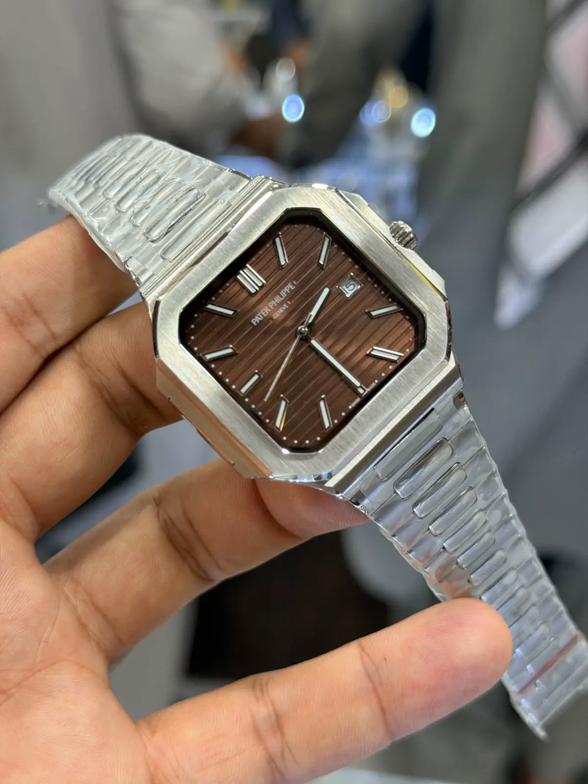 Patek Men's Luxury Square Dial Steel Watch – Textured Dial, Octagonal Bezel & Date Display